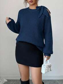 Casual Solid Color Shoulder Tie Raglan Sleeve Loose Knit Sweater, Autumn/Winter - Dusty Blue - View 1