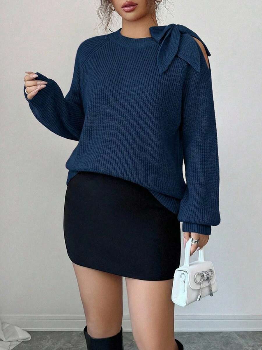 Casual Solid Color Shoulder Tie Raglan Sleeve Loose Knit Sweater, Autumn/Winter - Dusty Blue - View 1