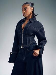 Denimoi Two Way Zip Cinched Waist Long Sleeve Denim Top Fashion Denim Tops Streetwear Denim On Denim - Dark Wash - View 3