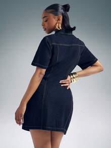 Denimoi Women's Turndown Collar Single-Breasted Front Closure Fashionable Versatile Vacation Short Sleeve Denim Dress - Dark Wash - View 5
