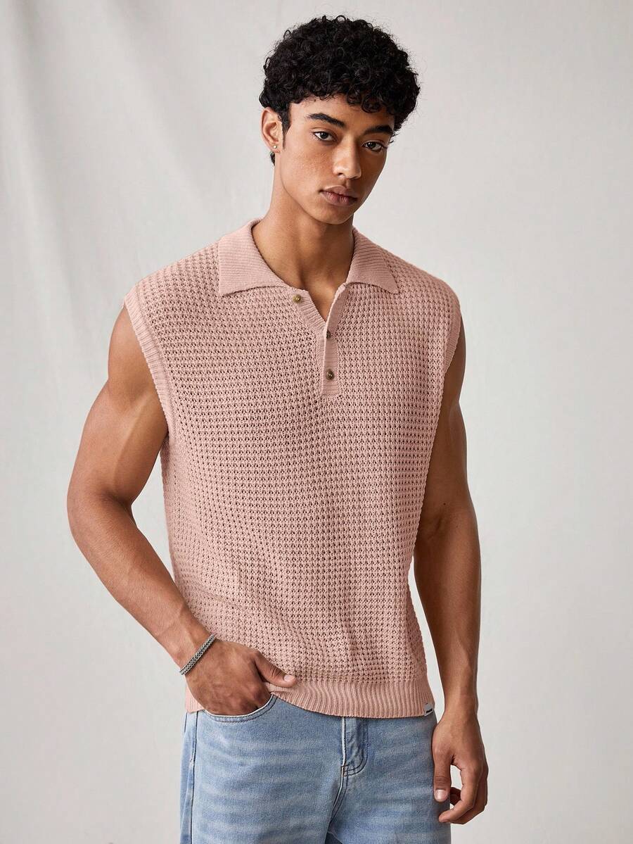 SWAVVY Áo vest dệt kim cài nút thời trang thường ngày dành cho nam - Hồng - Xem 1