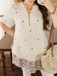 SHEIN Lacomfia 女士宽松长款复古印花休闲度假衬衫，大码 - 杏色 - 查看 5