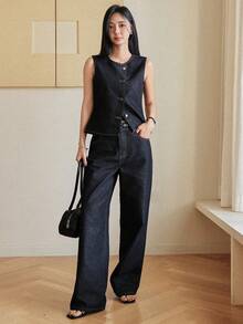 Dazy-Less Bộ đồ denim nữ phong cách xuân/hè, dáng rộng thoải mái, kiểu dáng nghỉ dưỡng, áo vest không tay màu xanh dương và quần ống rộng thẳng, sang trọng kiểu cổ điển. Phong cách công sở thường ngày. - Màu xanh lam - Xem 2