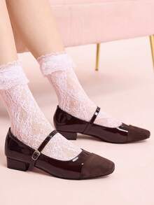 CUCCOO DOLLMOD 复古方头拼接玛丽珍鞋 女款 法式单字扣 天鹅绒气质粗跟通勤高跟单鞋 - 棕色 - 查看 4