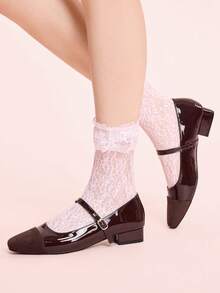 CUCCOO DOLLMOD 复古方头拼接玛丽珍鞋 女款 法式单字扣 天鹅绒气质粗跟通勤高跟单鞋 - 棕色 - 查看 5