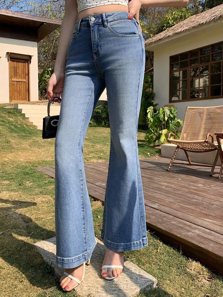 DAZY 女士中腰修身时尚夏季休闲百搭喇叭牛仔裤 - 藍色 - 查看 1