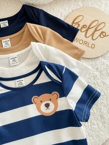 Pelele de bebé recién nacido niño lindo de verano con estampado de rayas y dibujos animados, multicolor - Azul - Ver 7