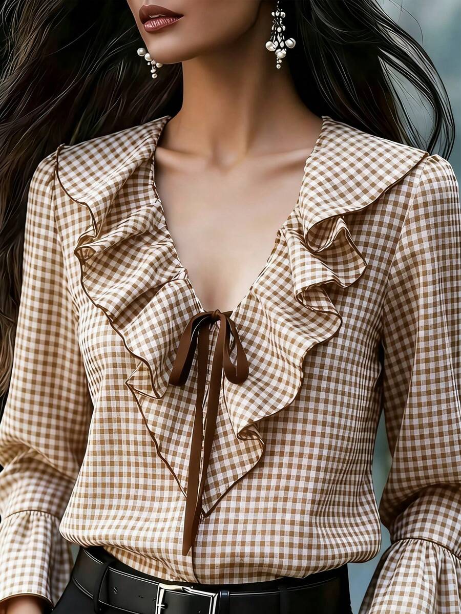 Pariaura Áo sơ mi nữ cổ chữ V thắt nơ kẻ caro xếp lớp trang trí, kiểu dáng thanh lịch Pháp, tay dài bo chun xếp ly, đa năng cho cả công sở và thường ngày, mẫu áo thời trang mới thu đông dành cho nữ. - Màu Khaki - Xem 1