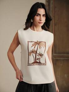 Anewsta 女士休闲街头沙滩度假风棕榈树刺绣白色无袖T恤沙滩上衣女士夏季上衣 - 白色 - 查看 4