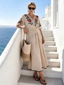 SHEIN Holidaya 短袖V领系腰印花休闲连衣裙，适合春、夏、秋、冬四季穿着，杏色，优雅女士连衣裙，适合度假，优雅时尚的通勤休闲装，适合约会和感恩节穿着。女士度假连衣裙，米色连衣裙，夏季优雅连衣裙，地中海风格女装，优雅经典度假装，女士度假连衣裙，女士连衣裙，最新款连衣裙 - 杏色 - 查看 6