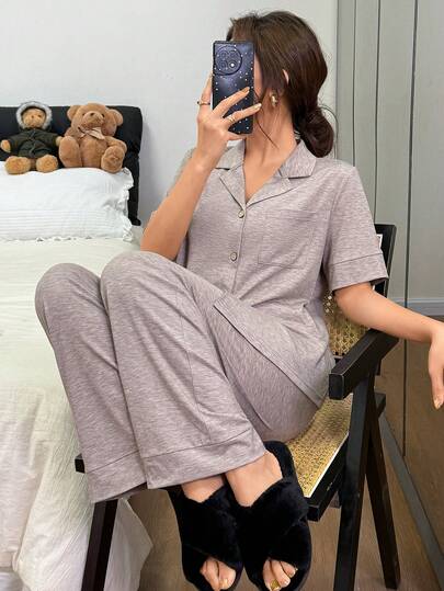 SHEIN Napfluff 女士舒适宽松休闲针织翻领短袖睡衣套装