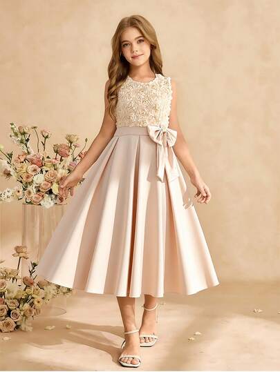 SHEIN Girls' Elegant Floral Mesh Dress With Detachable Bowknot Decor, Sleeveless Solid Color Long Dress For Spring/Summer, Suitable For Graduation And Wedding Occasions