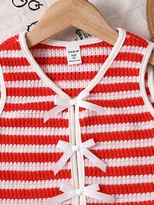 SHEIN Young Girl Striped V-Neck Bow Decor Casual Camisole Girls Top Striped Top Young Girls Top Red Striped Top - Multicolor - View 10
