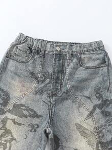 ROMWE MEN Street Life Quần jean denim ống loe rộng, in họa tiết cổ điển, màu bạc cho thiếu niên nam - Màu xanh lam - Xem 5