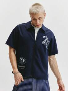 TOKVUE Men's Casual Fashionable Street Chic Daily Commute Checkerboard Numeric Print Contrast Binding Short Sleeve Zip-Up Jacket, Summer - Navy Blue - View 1