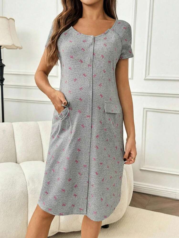 Slowluna Maternity Bow Print Short Sleeve Dress Nursing Dresses Maternity Dress Summer Maternity Two Piece Sets Labor And Delivery Gown Maternity Clothes Two Piece Suits - Pink - View 3