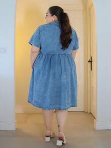 Pretty and Ole Plus Flap Pocket Shirt Denim Dress - Light Wash - View 2