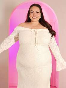 Pretty and Ole Vestido maxi elegante de encaje color albaricoque con hombros descubiertos para mujer de talla grande, adecuado para Año Nuevo, Día de San Valentín, citas, fiestas, uso diario y vacaciones elegantes - Beis - Ver 6