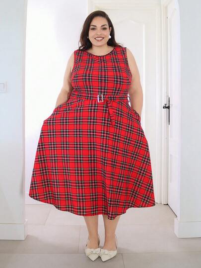Pretty and Ole 大码女式复古优雅格子连衣裙，配有口袋和腰带，休闲节日派对长裙，适合圣诞节和新年，女士冬季服装，女士圣诞服装，女士圣诞服装，冬季服装，女士圣诞服装，新年服装，女士优雅服装，圣诞派对服装，优雅派对服装，优雅派对服装，红色服装，女士感恩节服装，女士新年服装