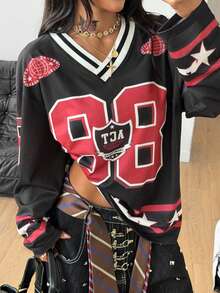 Coolane 女士秋冬街头风外出音乐节休闲运动印花V领长袖针织T恤 - 彩色 - 查看 6