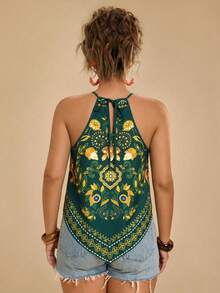 Travachic 大码波西米亚风休闲度假沙滩吊带露肩印花吊带背心女款 - 墨綠色 - 查看 2