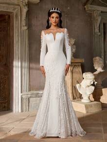 Aureia Elegant Luxurious Elastic Knit Applique Contrast Lace Mermaid Tail Skirt With Train, Suitable For Wedding, Party, Vacation, Ball Gown - White - View 6