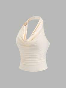 SHEIN PETITE French Design Draped Neckline Ruched Waist Retro Style Summer Cropped Tank Top For Petite Women - Apricot - View 3