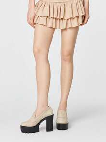 ROMWE Kawaii Zapatos de tacón alto con plataforma gruesa de agua, de ante beige, estilo diario de campus japonés - Gamuza beige - Ver 2