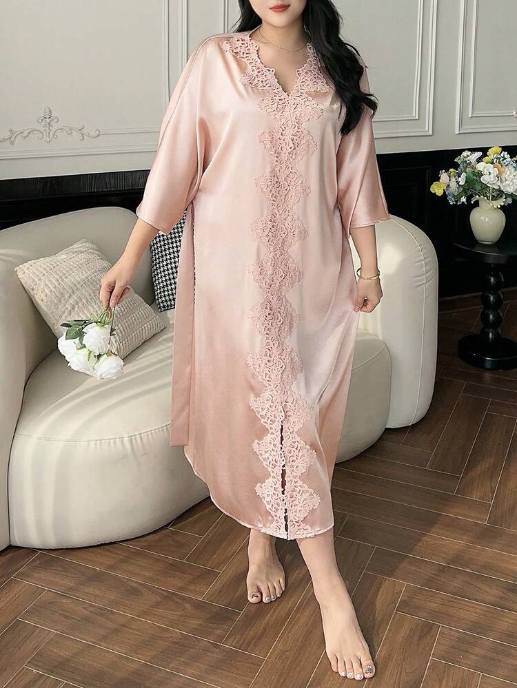 Dazy Plus Contrast Lace Tie-Up Elegant Satin Long Sleeve Plus Size Women Nightgown
