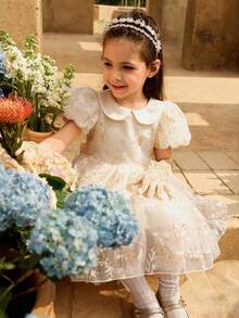 SHEIN Glamorique Kids 女童碎花腰部蓬蓬薄纱连衣裙，优雅派对礼服，泡泡袖设计，适合所有季节 - 杏色 - 查看 9