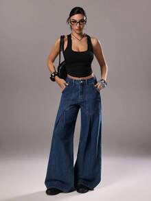 TRNVIE Women's Pocketed Button Pleated Casual Versatile Daily Wear Wide Leg Jeans - Medium Wash - View 7