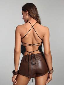 ROMWE Hippie Sexy Metallic Fringe Tie-Up PU Crop Top For Women - Multicolor - View 2