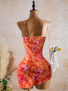 INAWLY Vacation Floral Patchwork Print Asymmetric Hem Bodycon Mini Cami Dress - Orange - View 2