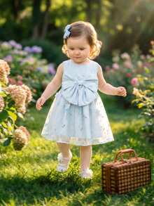Souflis Souflis 法国新款女婴浅蓝色精致刺绣网纱无袖连衣裙，配3D蝴蝶结，适合派对、外出及各种场合。 - 淺藍色 - 查看 5