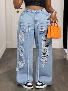 Breezaya Damen Große Größen High Waist Jeans mit Taschen, weites Bein, locker, lässig - Blau - Übersicht 7