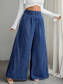 SHEIN EZwear 女士休闲褶皱宽松阔腿牛仔裤，适合日常通勤 - 深色水洗藍 - 查看 4