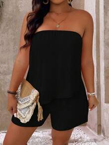 Breezaya 大码女式无肩带不对称上衣和短裤沙滩度假休闲两件套 - 黑色 - 查看 1