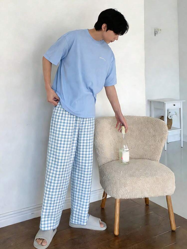 Men's Summer Letter Print T-Shirt And Plaid Pants Pajama Set
