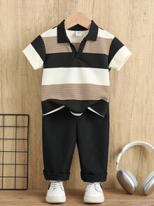 2件套男婴可爱都市校园休闲条纹polo衫和松紧腰裤套装，适合生日派对、晚宴、演出、婚礼、迎婴派对、一周岁生日庆祝等场合。 - 彩色 - 查看 9