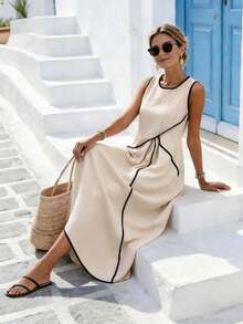 SHEIN Holidaya Vestido de verano sólido de color albaricoque, holgado, con cuello redondo, sin mangas y con parches negros, elegante y casual para vacaciones de mujer - Albaricoque - Ver 5