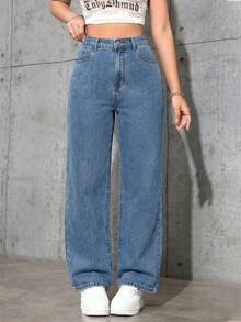 SHEIN ICON 大码女式复古街头风灰色无弹直筒牛仔裤 - 淺色水洗藍 - 查看 1