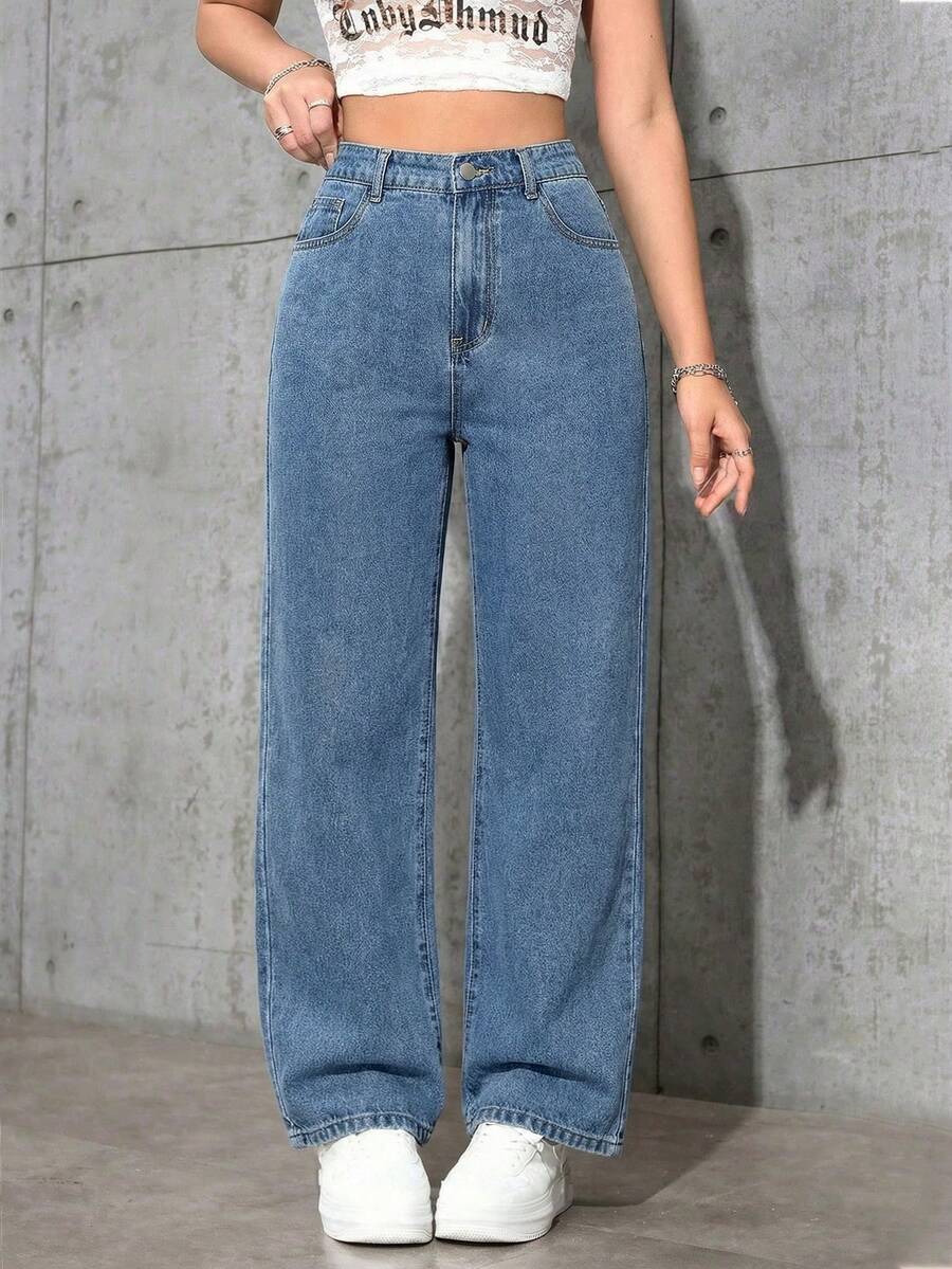 SHEIN ICON 大码女式复古街头风灰色无弹直筒牛仔裤 - 淺色水洗藍 - 查看 1