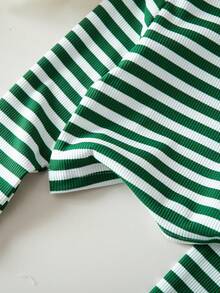 SHEIN Sparklyn 女童两件套条纹长袖圆领T恤和阔腿裤套装，休闲条纹家居服，适合居家、休闲、户外运动 - 綠色 - 查看 4