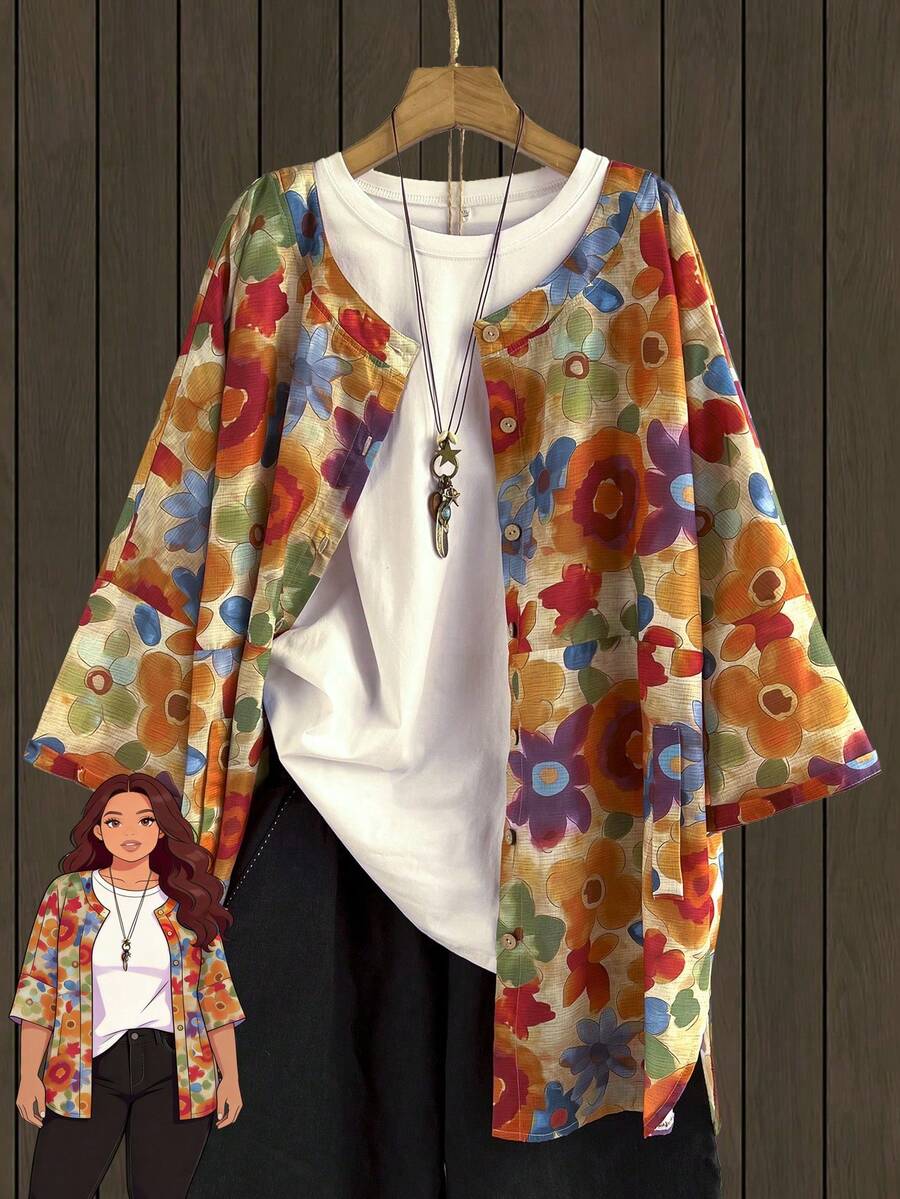 Rusticease Chaqueta casual de vacaciones con estampado floral para tallas grandes - Multicolor - Ver 1