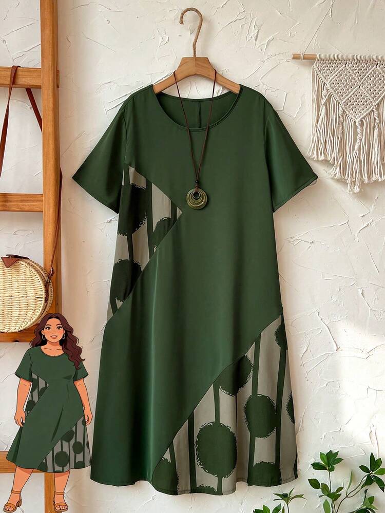 Plus Size Women Geometric Pattern Round Neck Short Sleeve Casual Loose Dress For Summer/ Vacation Army Green Dress Women Women's Green Dress, Summer Dresses