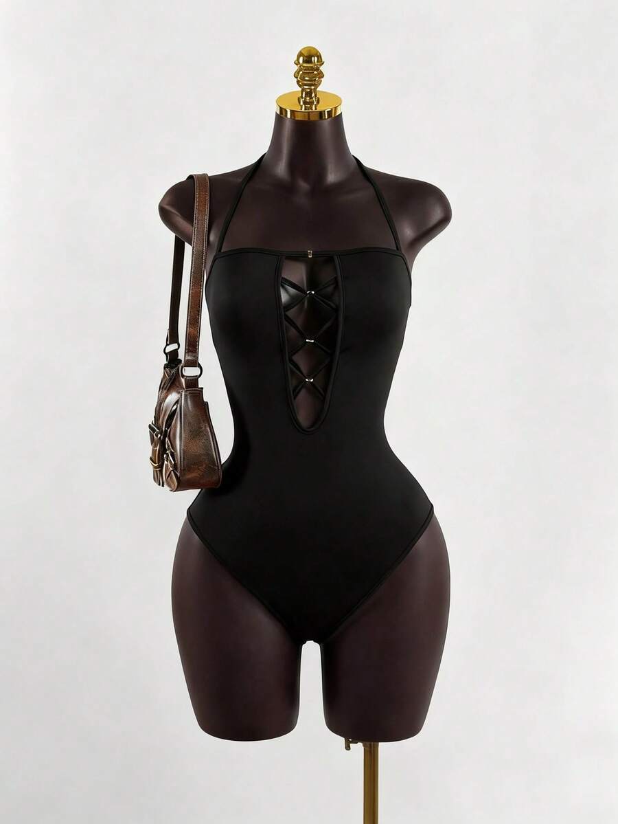 Lyxana Sexy Hollow Out Halter Bodysuit - Black - View 1