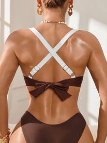 Swim DD+ Women's Summer Beach Color Block Halter Tie Sexy Bikini Top - Brown - View 2