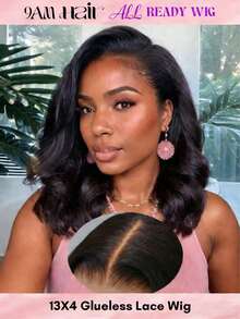 ALL READY WIG 鲍勃假发真人发 13x4 前蕾丝假发 14 英寸波浪卷发 180% 密度前蕾丝假发真人发预拔无胶鲍勃假发女士真人发假发（14 英寸，自然黑） - S1B - 查看 1