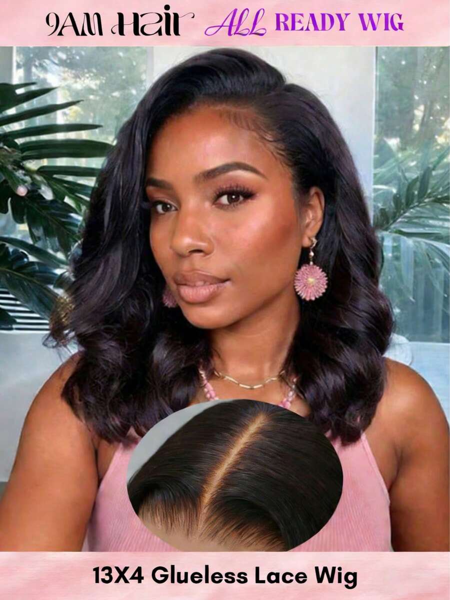 ALL READY WIG 鲍勃假发真人发 13x4 前蕾丝假发 14 英寸波浪卷发 180% 密度前蕾丝假发真人发预拔无胶鲍勃假发女士真人发假发（14 英寸，自然黑） - S1B - 查看 1