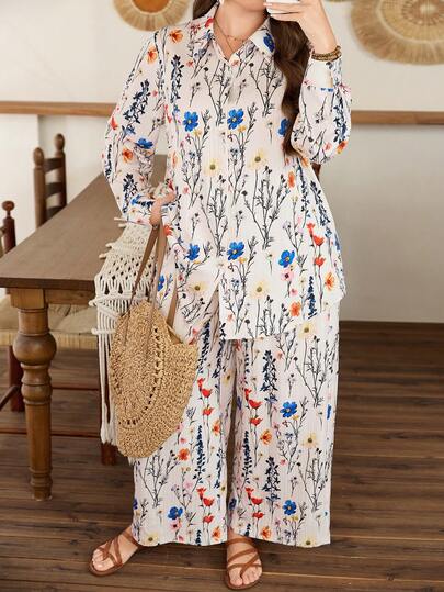 Modelyn Plus Size Women's Floral Textured Fabric Comfortable 2 Pieces Set, Suitable For Vacation